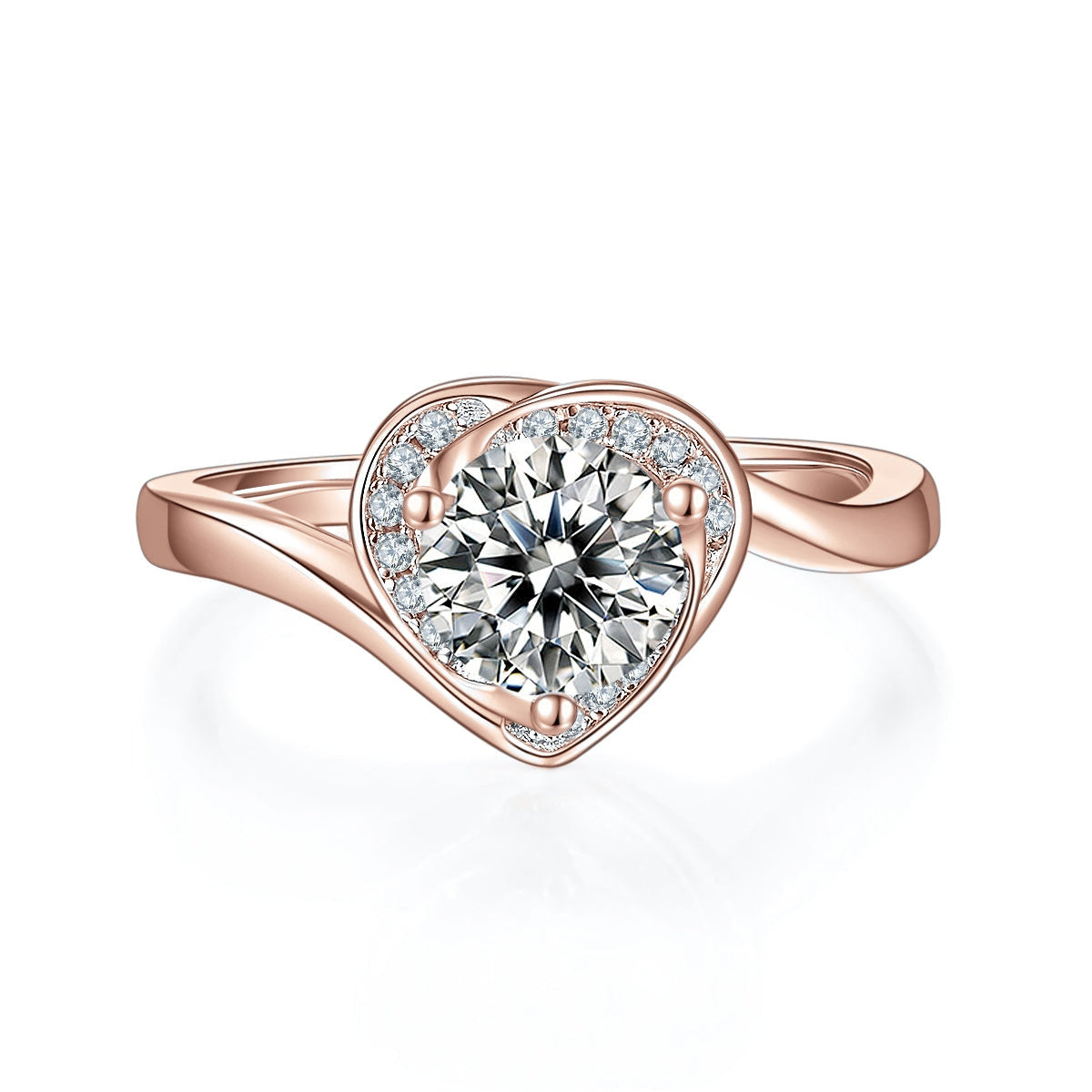 Mercy Round Moissanite Heart Halo Ring in 18K rose gold plating, front view