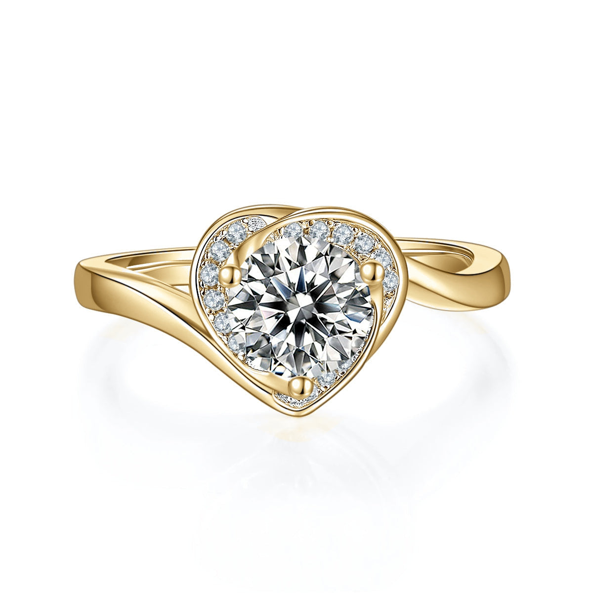 Mercy Round Moissanite Heart Halo Ring in 18K yellow gold plating, front view