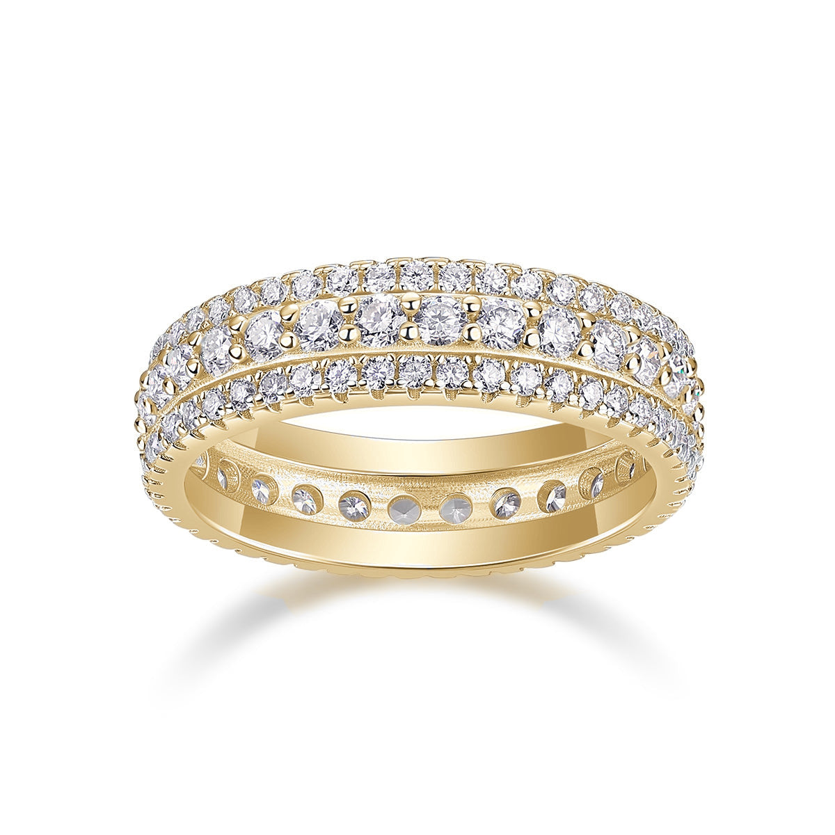 Meredith Round Moissanite Three Row Eternity Band in 18K yellow gold plating, front view