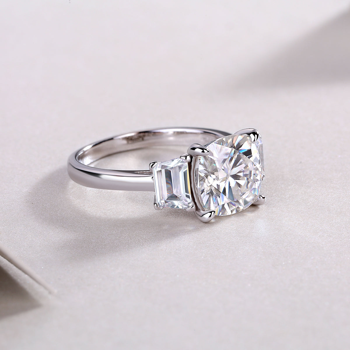 Carissie Cushion Baguette Three Stone Engagement Ring