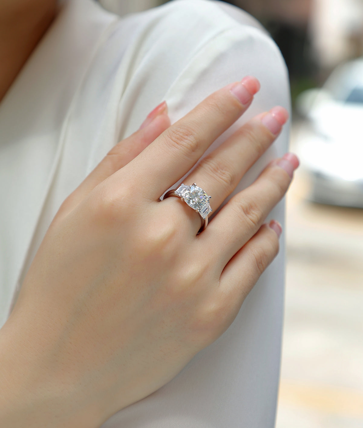 Carissie Cushion Baguette Three Stone Engagement Ring