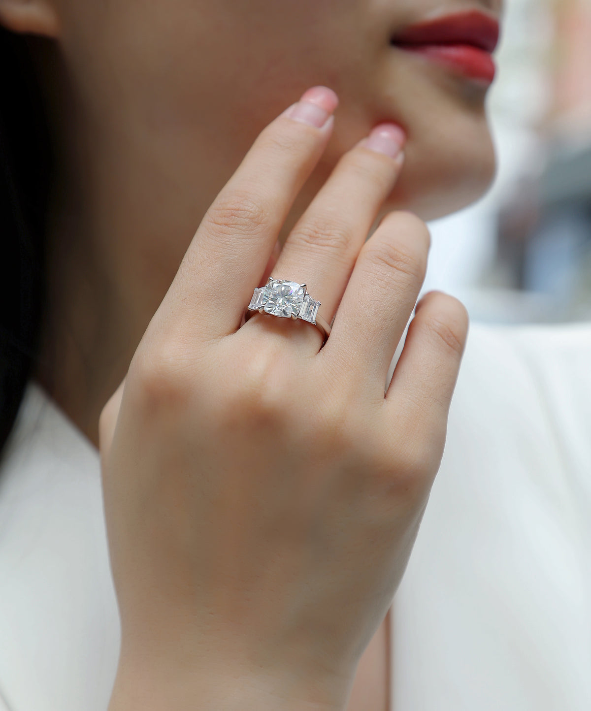 Carissie Cushion Baguette Three Stone Engagement Ring