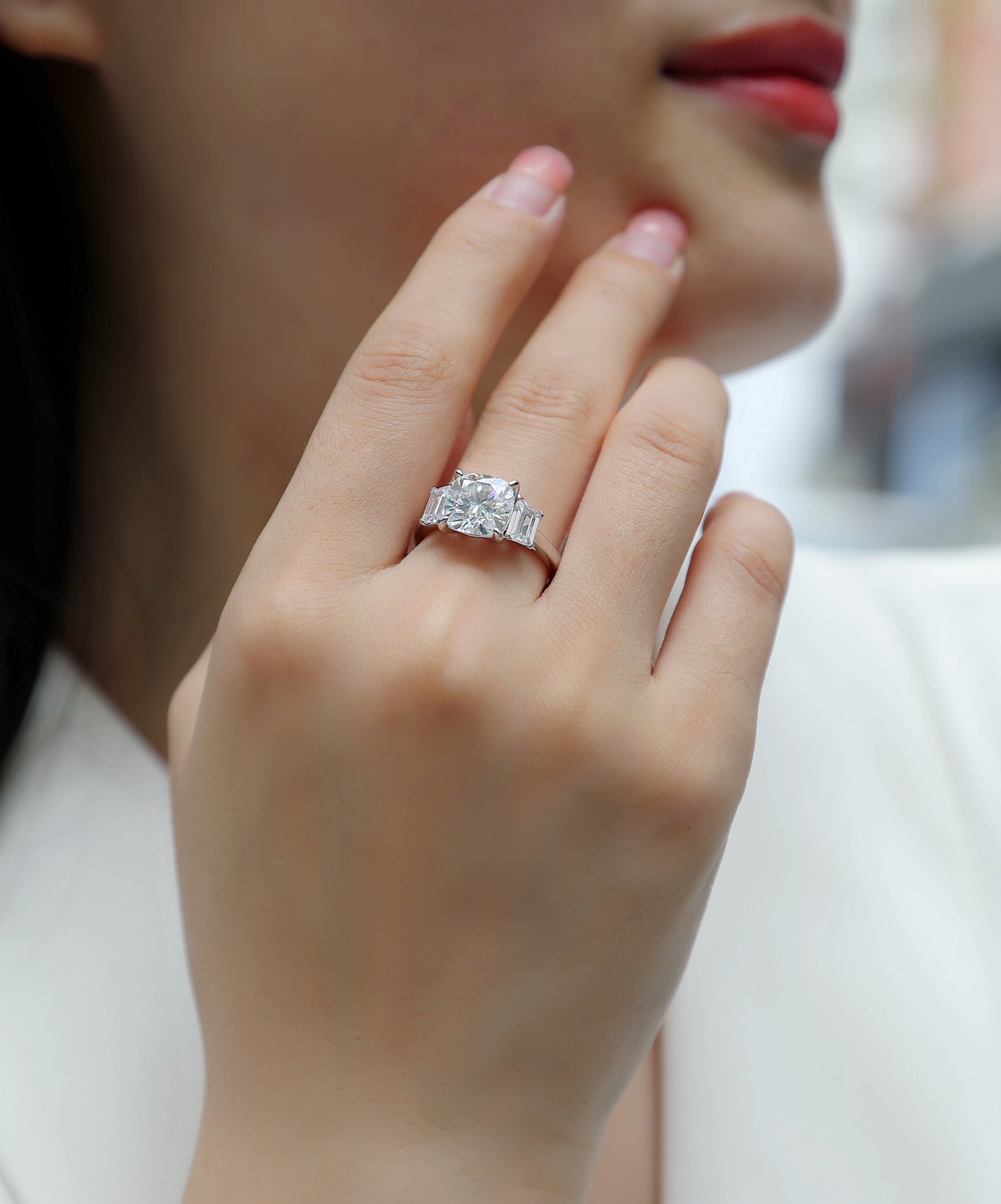 Carissie Cushion Baguette Three Stone Engagement Ring