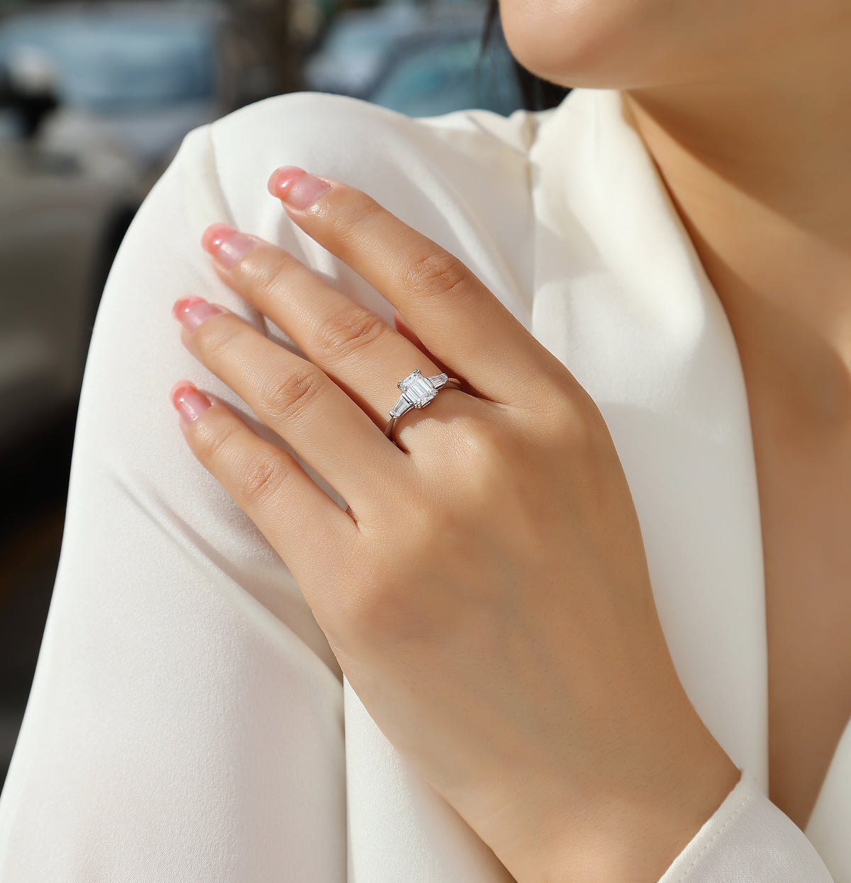 Carissie Emerald Cut Tapered Baguette Claw-Set Engagement Ring