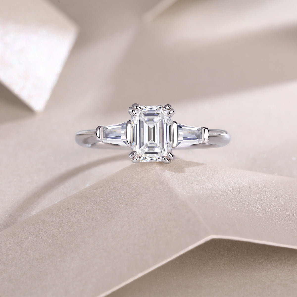 Carissie Emerald Cut Tapered Baguette Claw-Set Engagement Ring