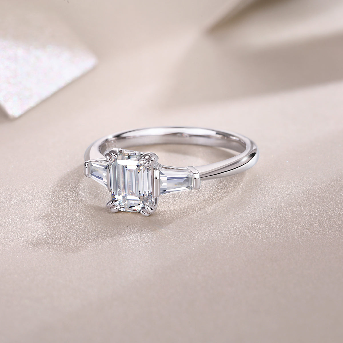 Carissie Emerald Cut Tapered Baguette Claw-Set Engagement Ring