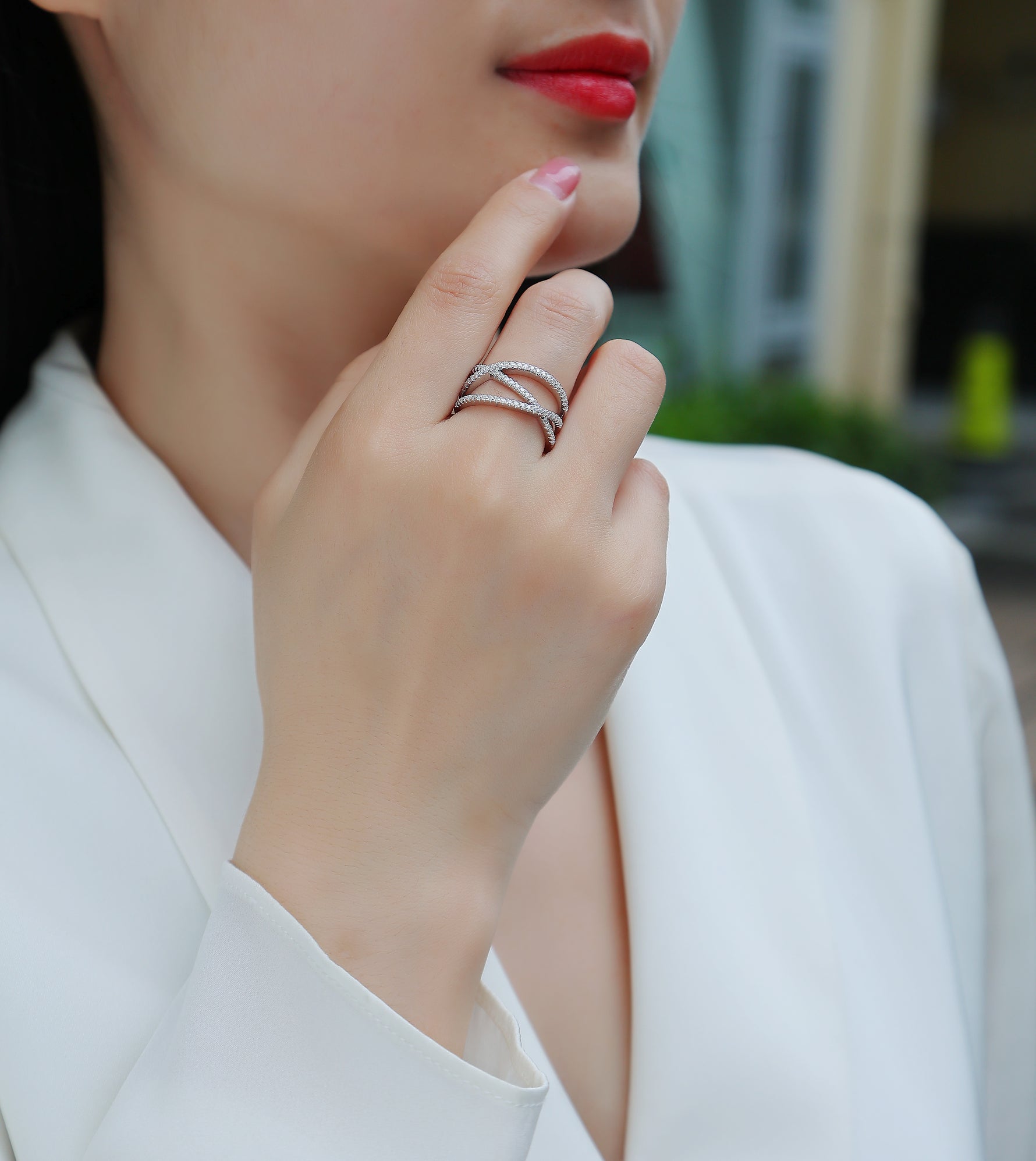 Carissie Elegant Crisscross Pave Multi-Band Statement Ring
