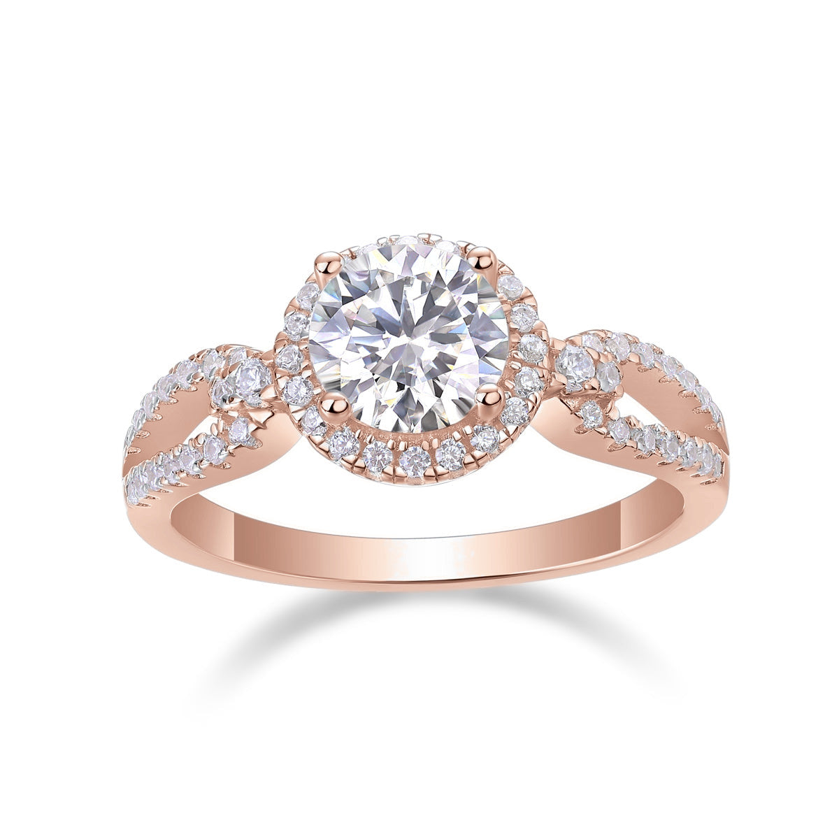 Mia Round Moissanite Twist Halo Engagement Ring in 18K rose gold plating, front view
