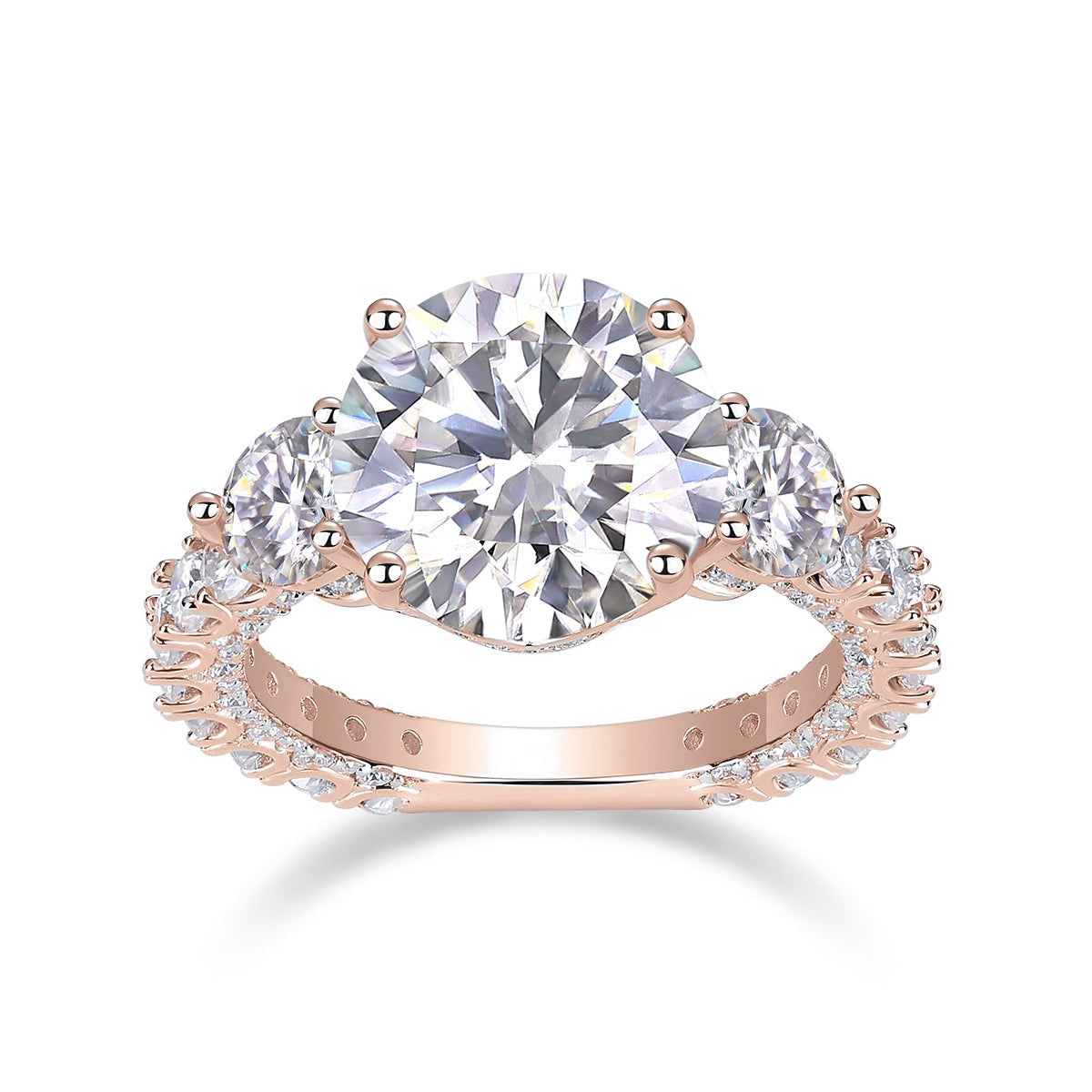 Miranda Round Moissanite Three Stone Engagement Ring in 18K rose gold plating, front view