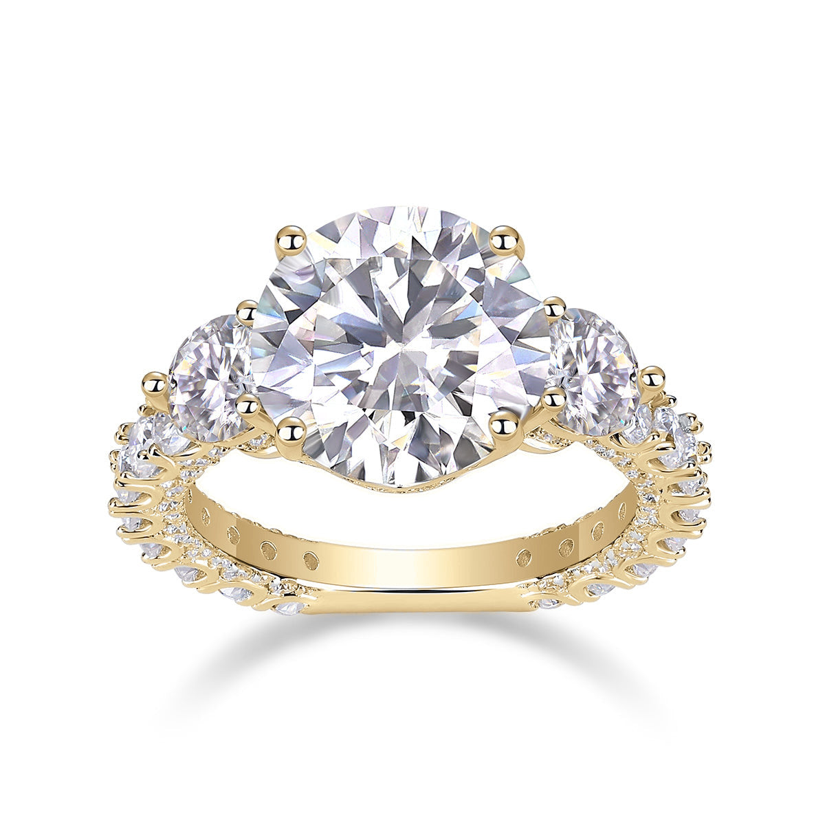 Miranda Round Moissanite Three Stone Engagement Ring in 18K yellow gold plating, front view