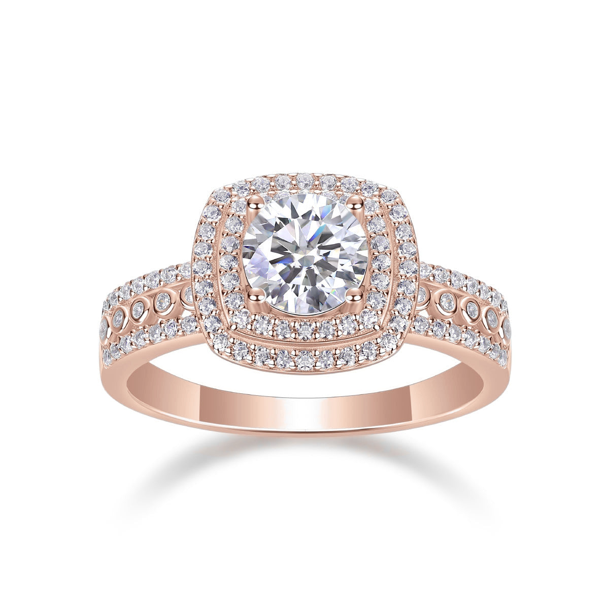 Monica Round Moissanite Double Halo Engagement Ring in 18K rose gold plating, front view