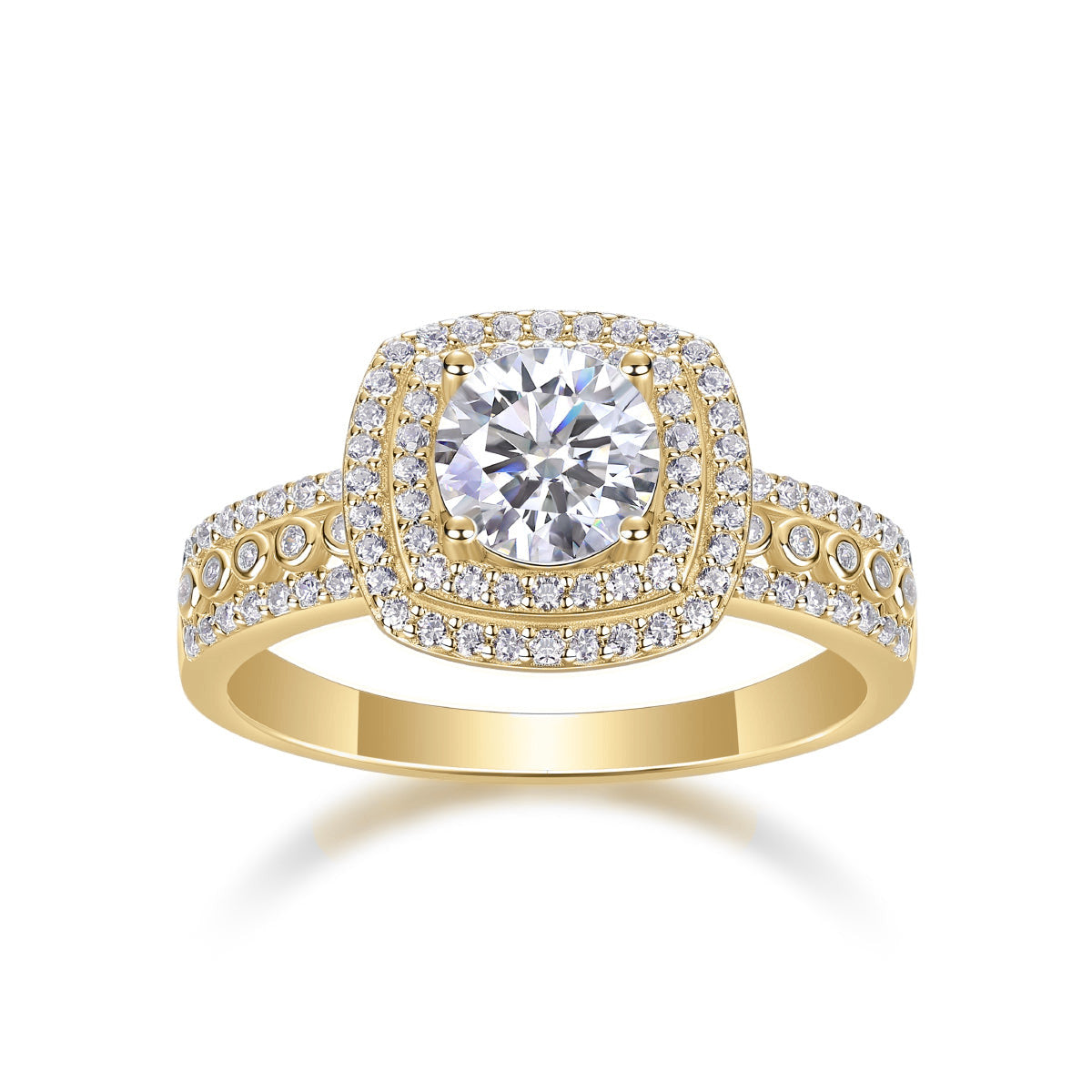 Monica Round Moissanite Double Halo Engagement Ring in 18K yellow gold plating, front view