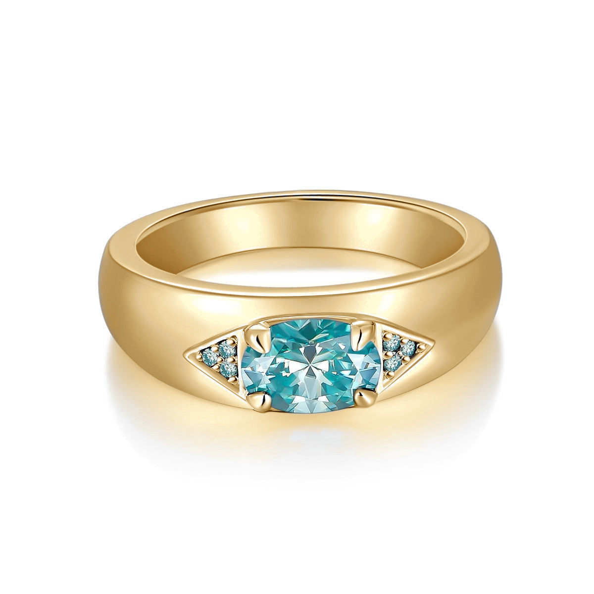 Nadia Teal Oval Moissanite East-West Ring in 18K yellow gold plating, front view