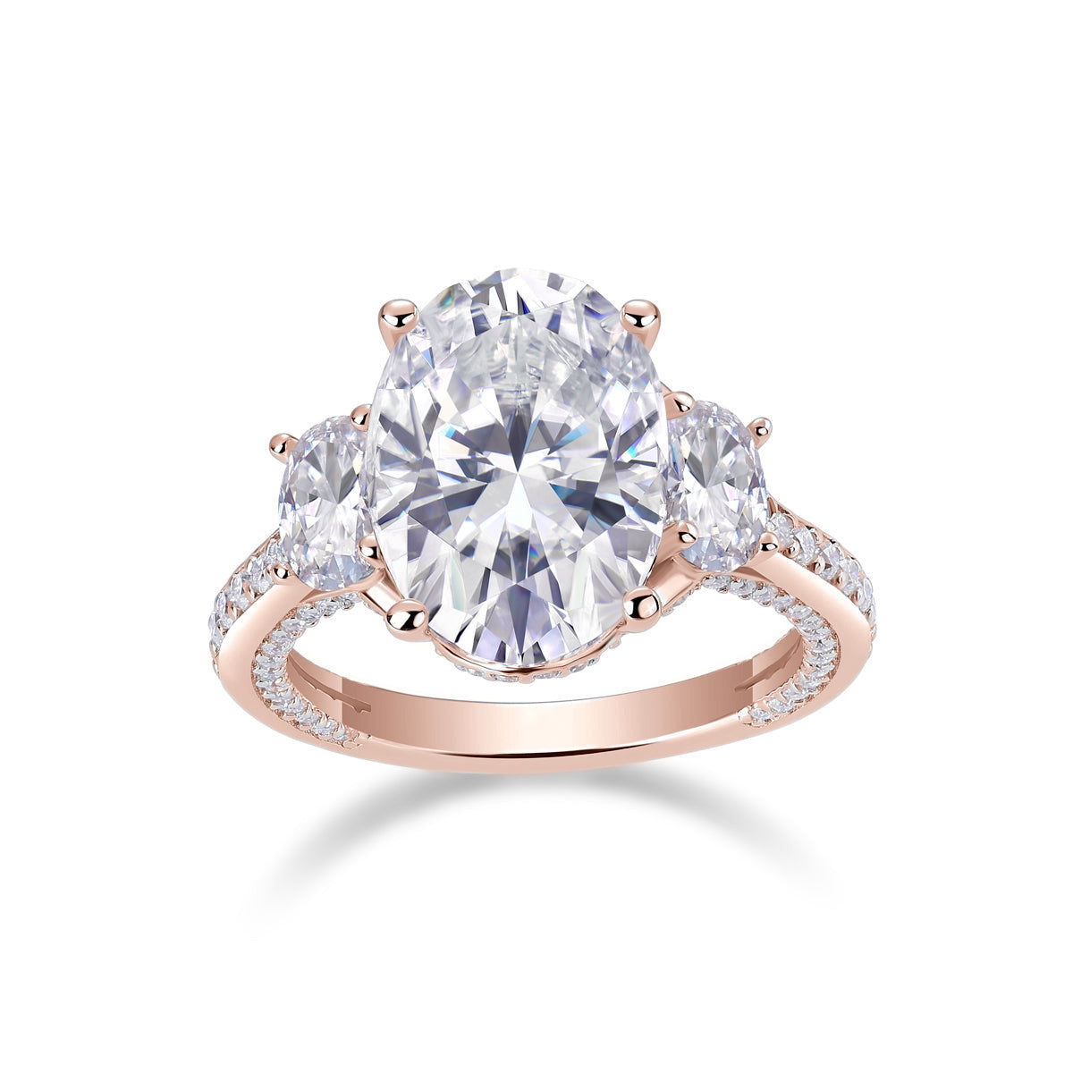 Natalie Oval Moissanite Three Stone Engagement Ring in 18K rose gold plating, front view