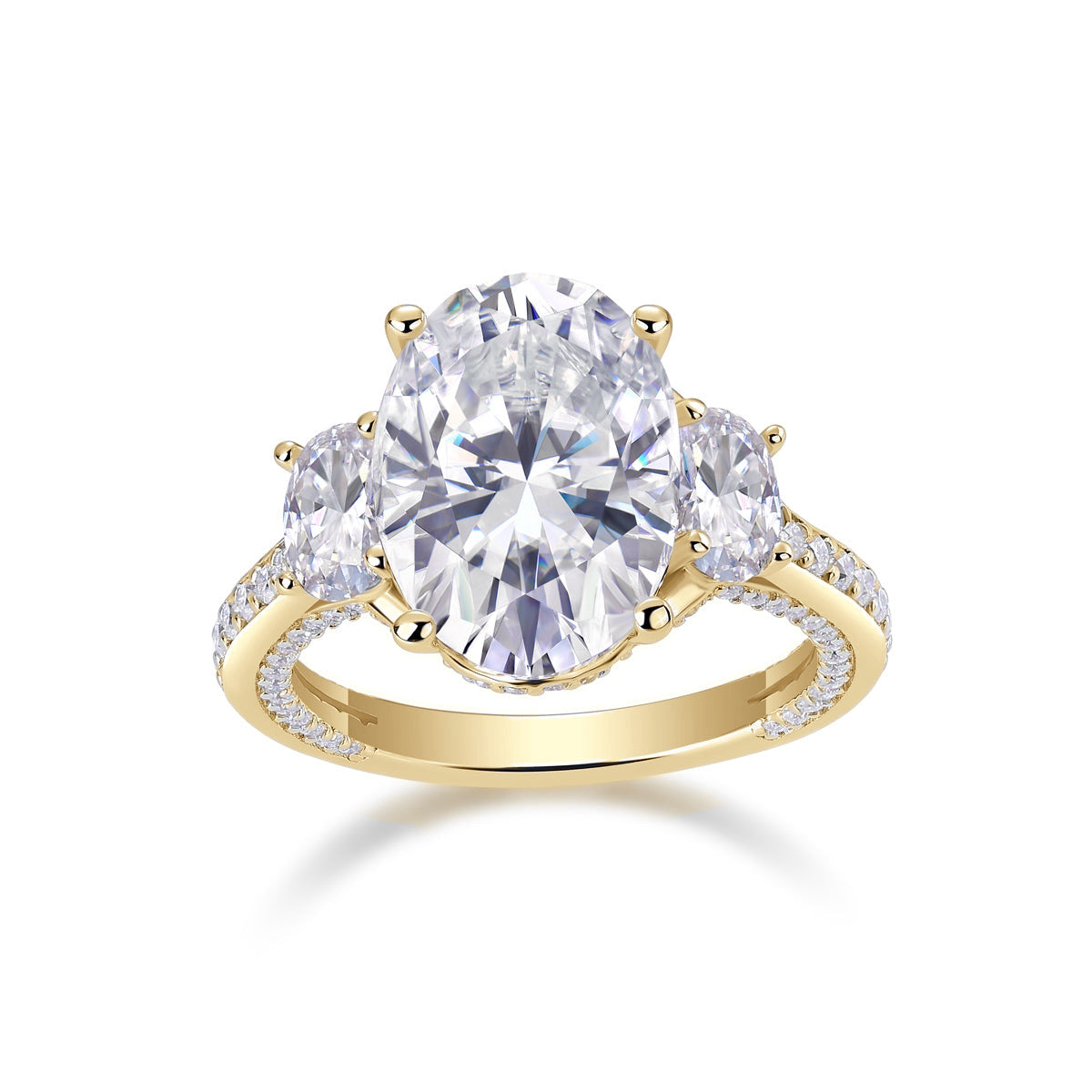 Natalie Oval Moissanite Three Stone Engagement Ring in 18K yellow gold plating, front view