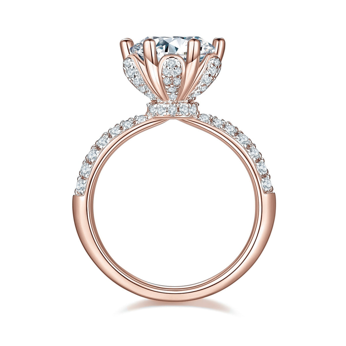 Nicola Round Moissanite Lotus Pavé Engagement Ring in 18K rose gold plating, front view