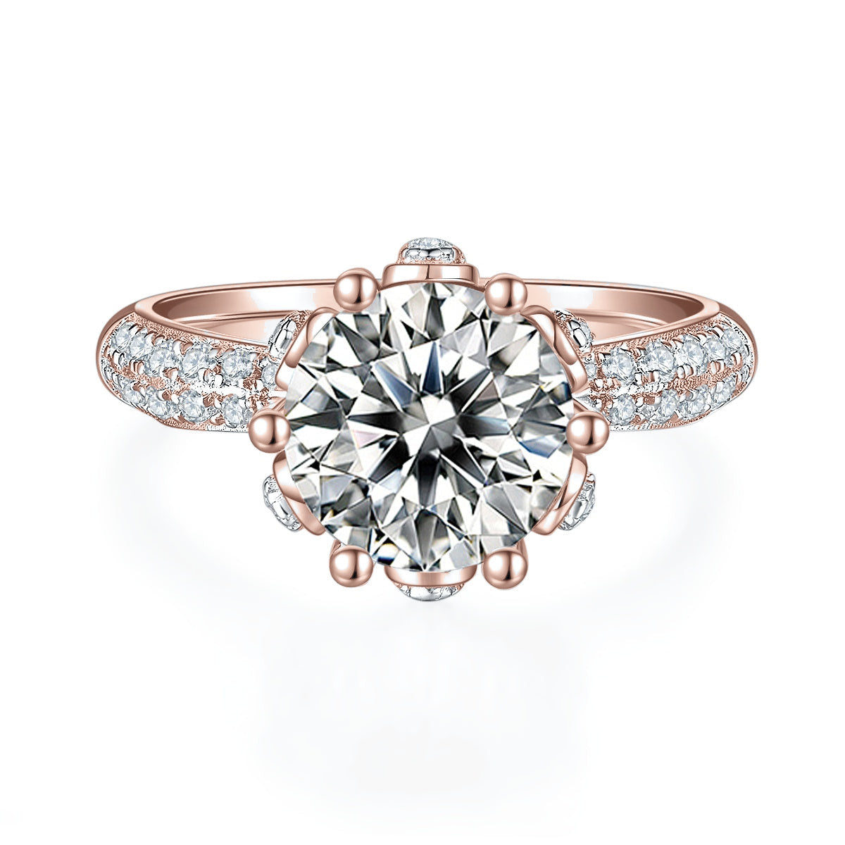 Nicola Round Moissanite Lotus Pavé Engagement Ring in 18K rose gold plating, front view
