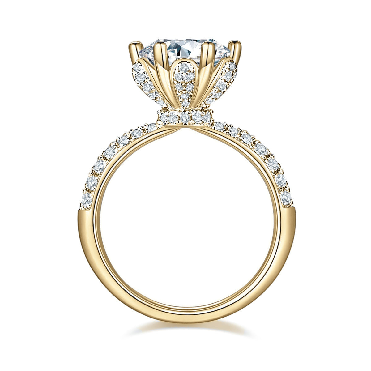 Nicola Round Moissanite Lotus Pavé Engagement Ring in 18K yellow gold plating, front view