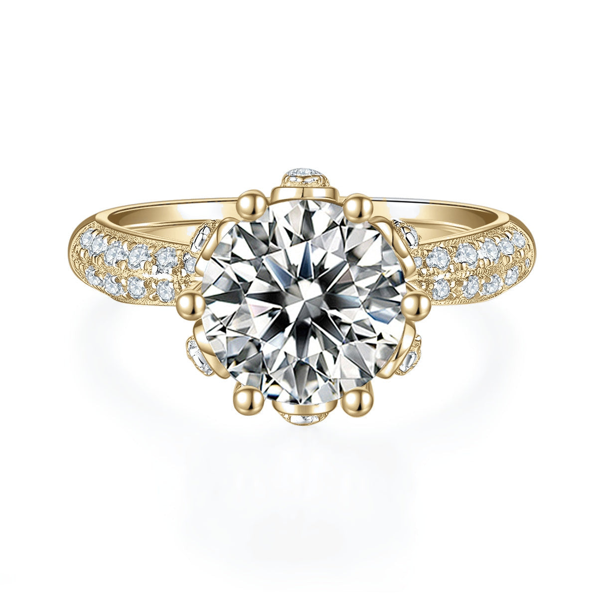 Nicola Round Moissanite Lotus Pavé Engagement Ring in 18K yellow gold plating, front view