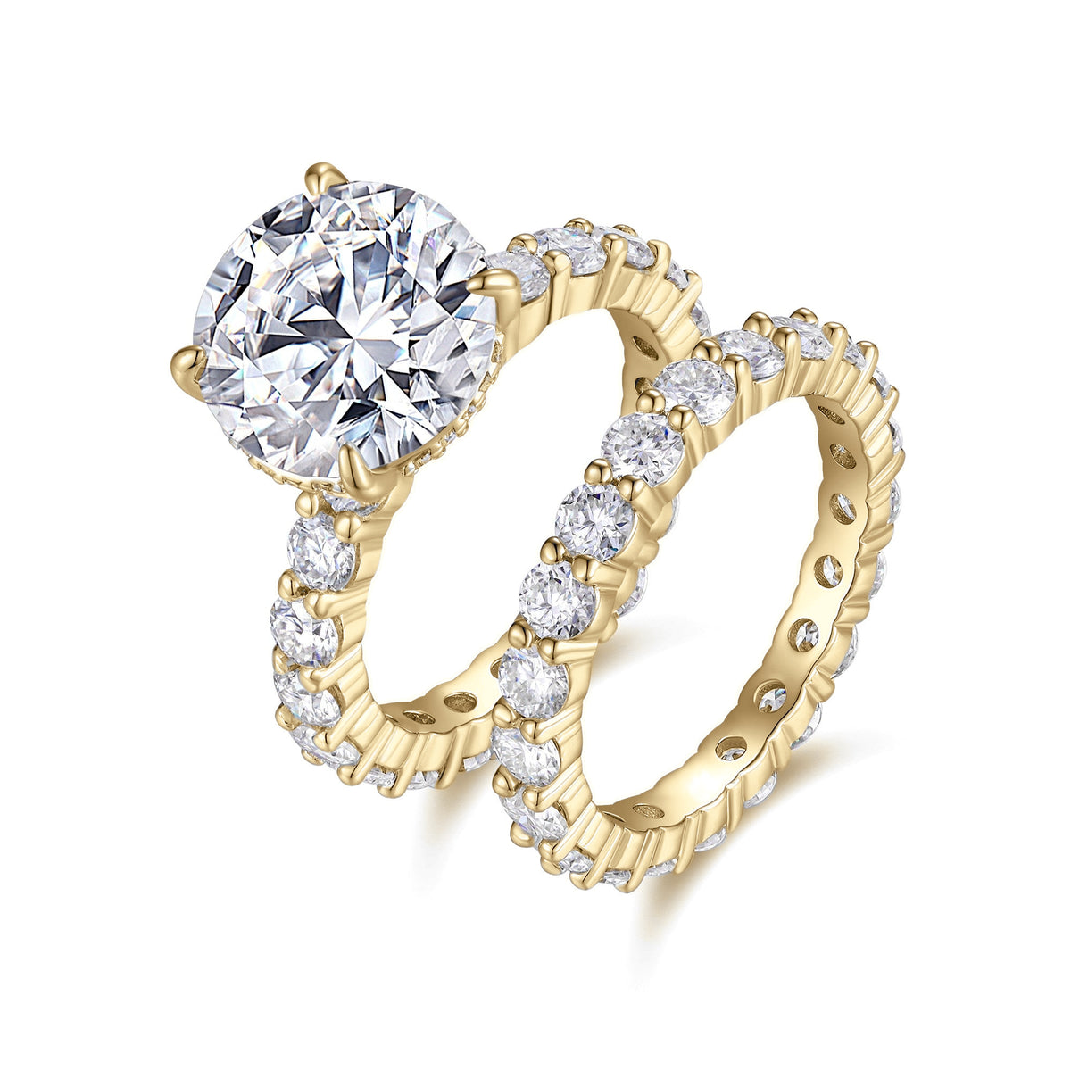 Noelle Round Moissanite Pavé Bridal Set in 18K yellow gold plating, angled view