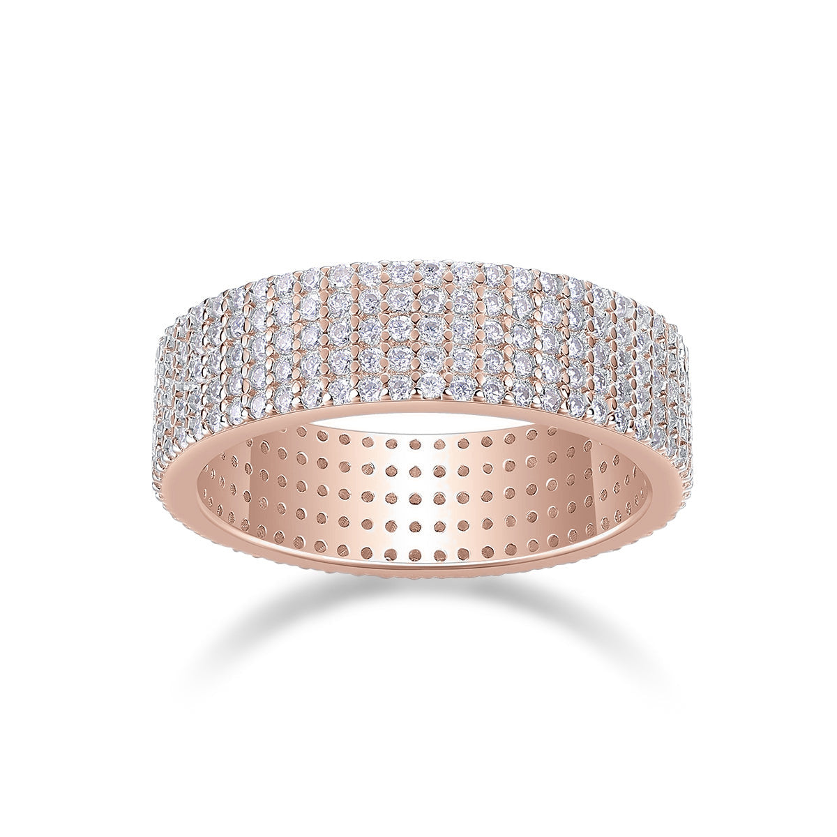Nola Round Moissanite Micro Pavé Eternity Band in 18K rose gold plating, front view