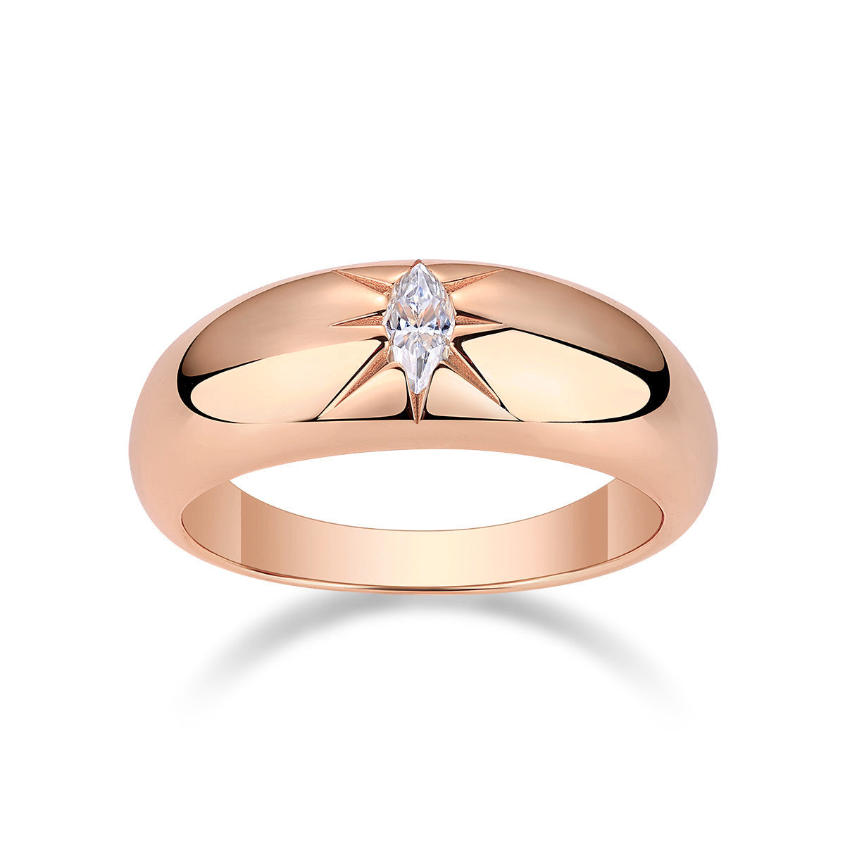 Nova Marquise Moissanite Starburst Dome Ring in 18K rose gold plating, front view
