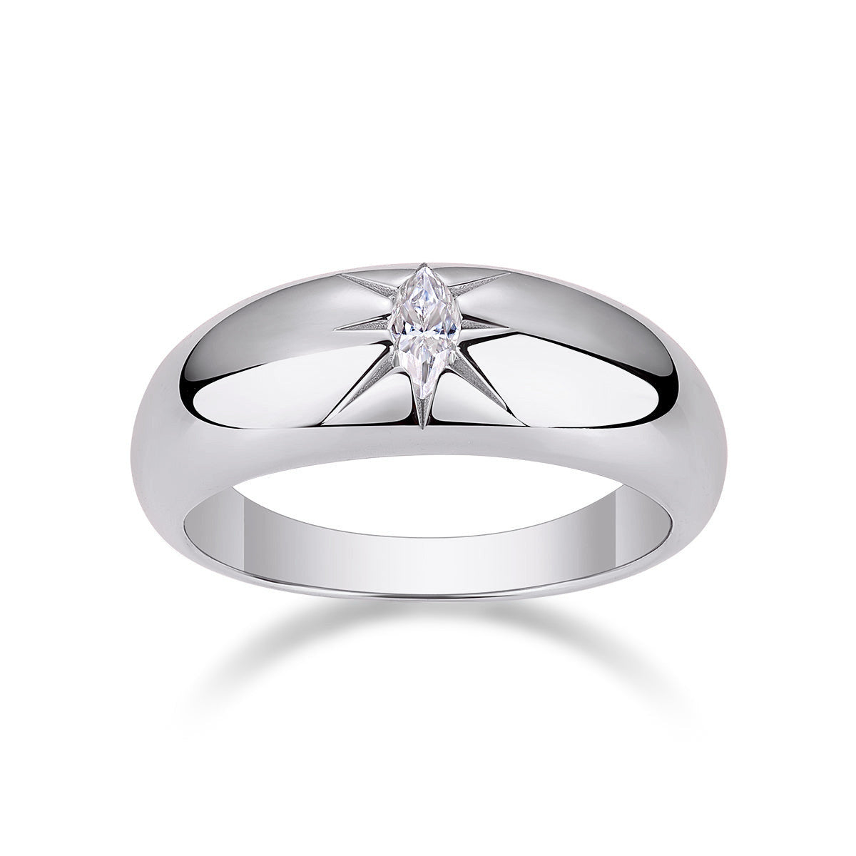 Nova Marquise Moissanite Starburst Dome Ring in 18K white gold plating, front view