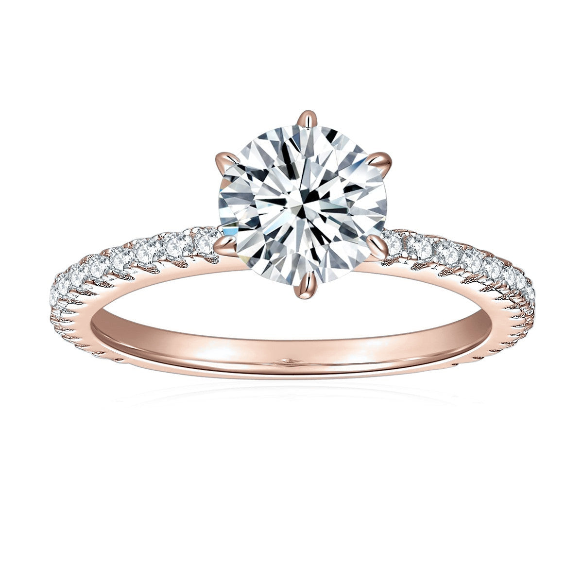 Nyla Round Moissanite Pavé Engagement Ring in 18K rose gold plating, front view