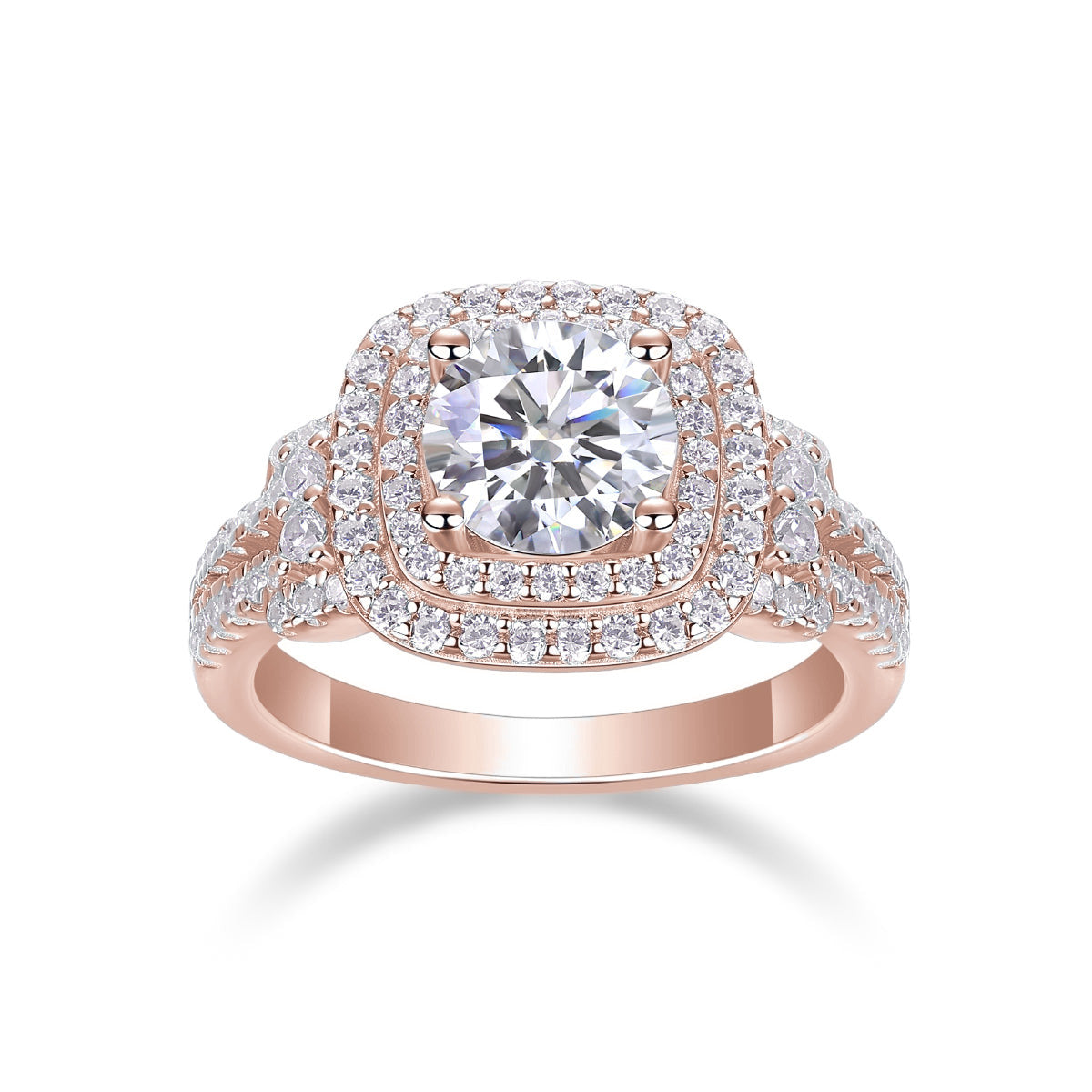 Octavia Round Moissanite Double Halo Engagement Ring in 18K rose gold plating, front view