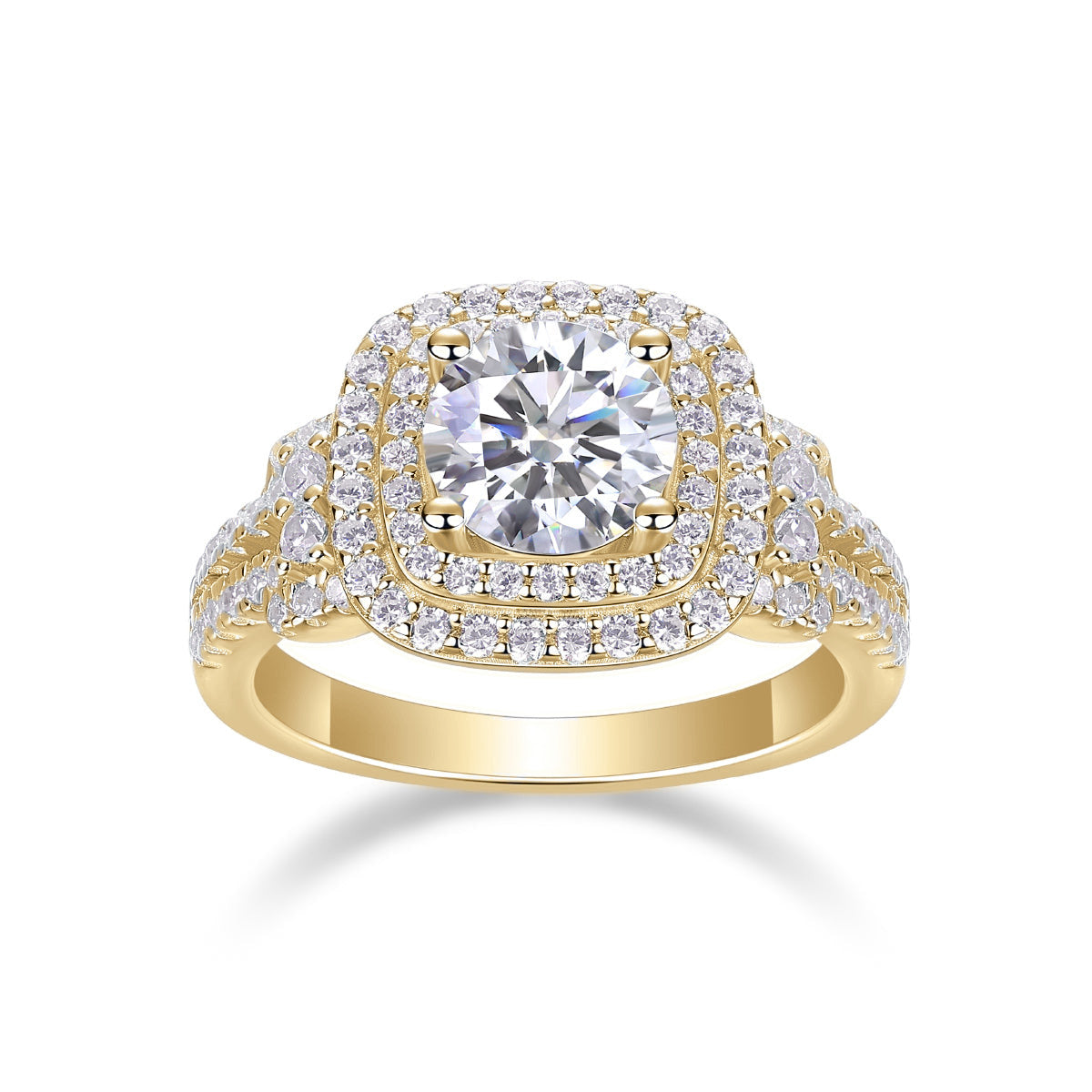 Octavia Round Moissanite Double Halo Engagement Ring in 18K yellow gold plating, front view