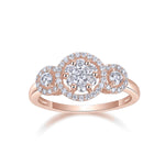 Odessa Round Moissanite Three Stone Halo Engagement Ring in 18K rose gold plating, front view