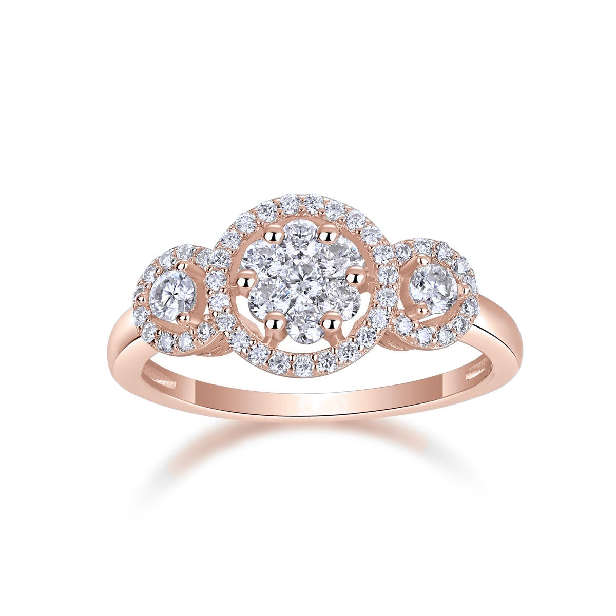 Odessa Round Moissanite Three Stone Halo Engagement Ring in 18K rose gold plating, front view