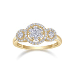 Odessa Round Moissanite Three Stone Halo Engagement Ring in 18K yellow gold plating, front view