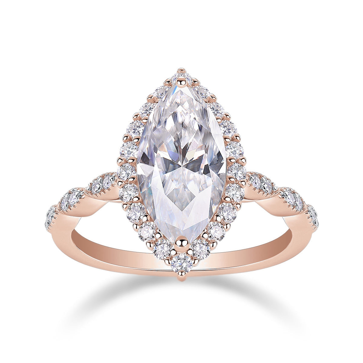Odette Marquise Moissanite Halo Engagement Ring in 18K rose gold plating, front view