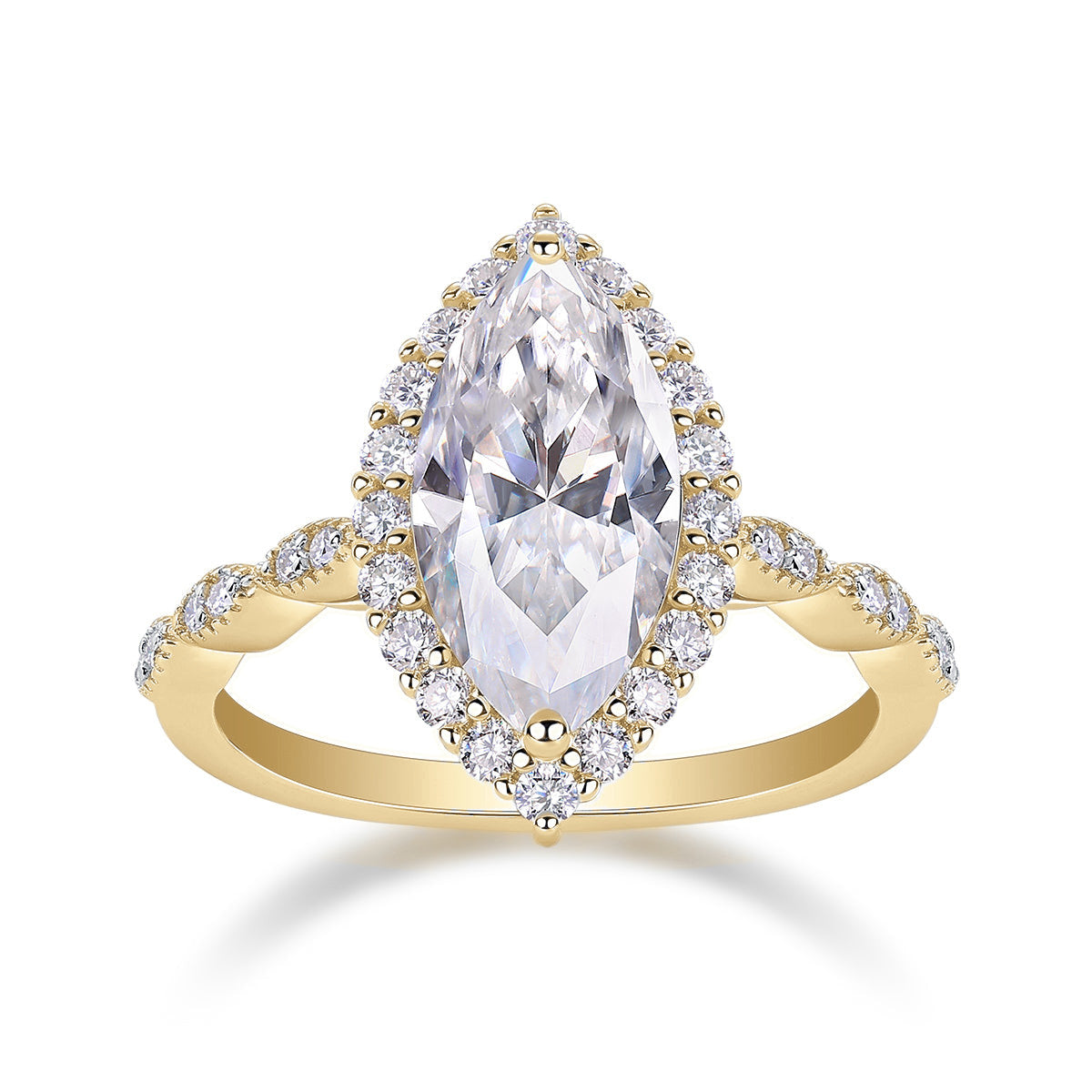 Odette Marquise Moissanite Halo Engagement Ring in 18K yellow gold plating, front view