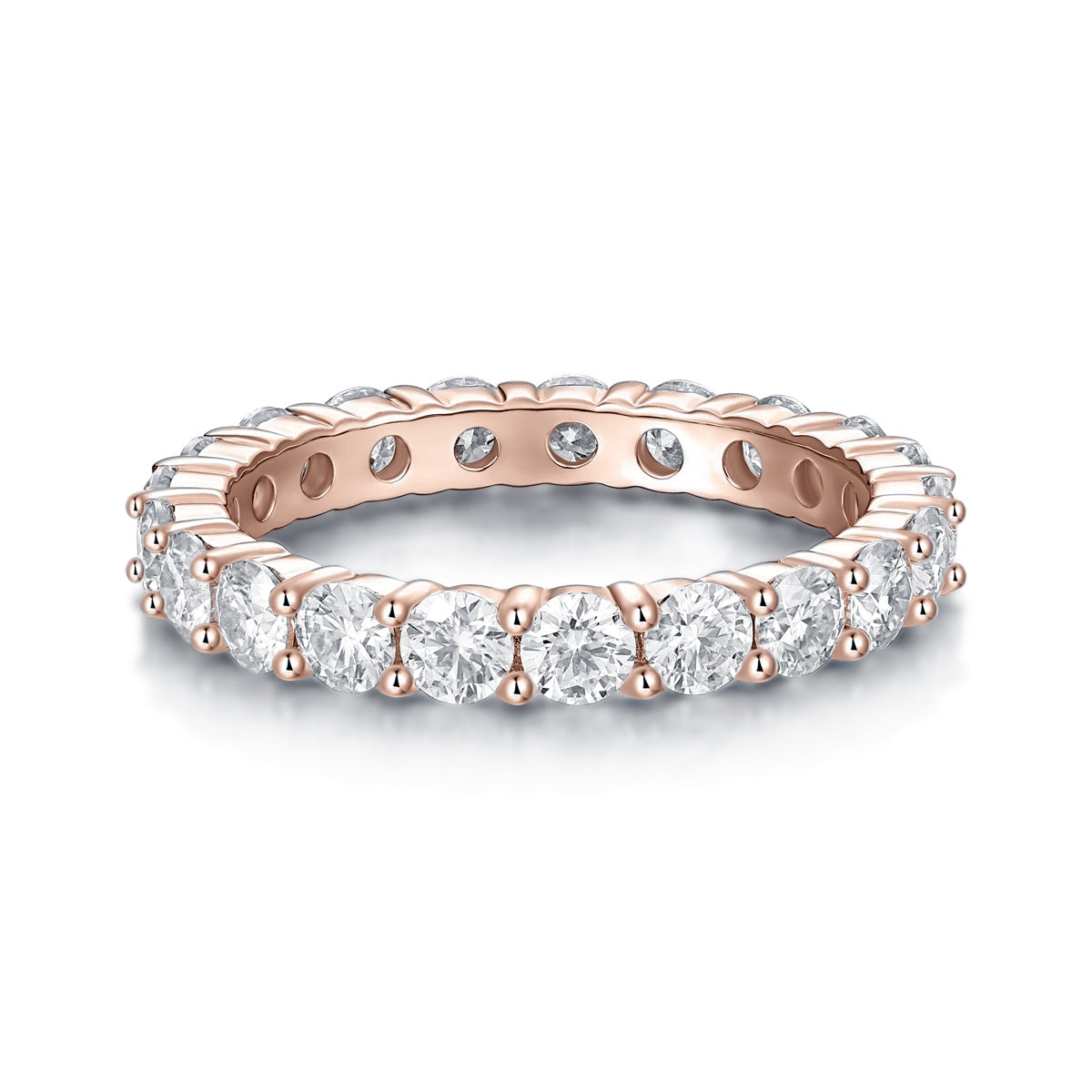 Olive Round Moissanite Eternity Band in 18K rose gold plating, front view