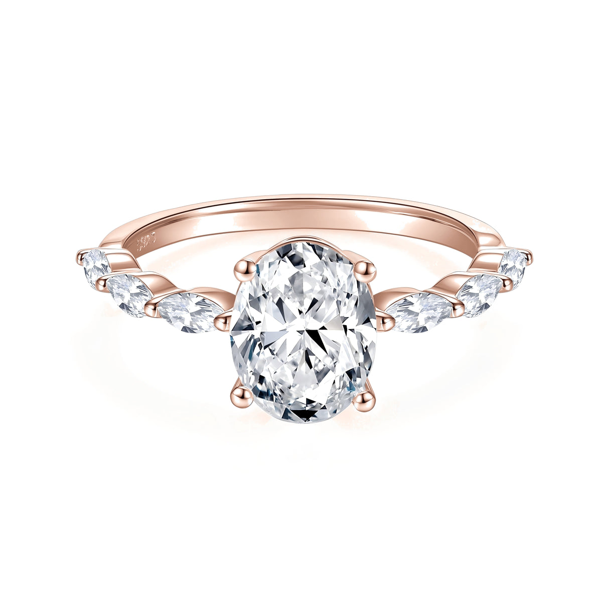 Oriana Oval Moissanite Side Stone Engagement Ring in 18K rose gold plating, front view