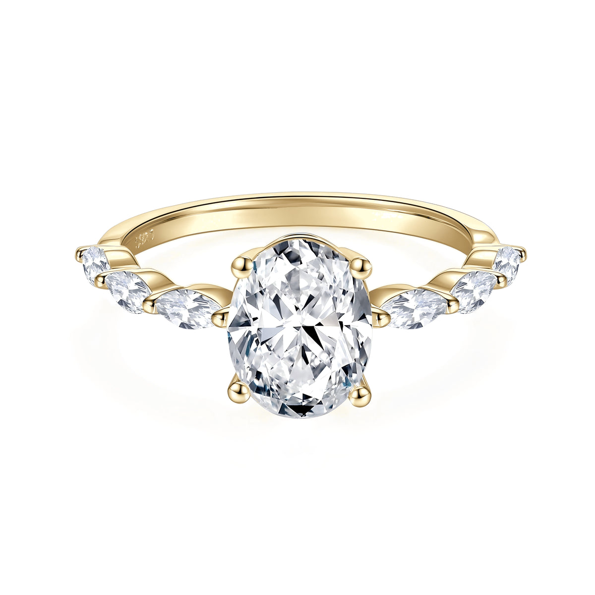 Oriana Oval Moissanite Side Stone Engagement Ring in 18K yellow gold plating, front view