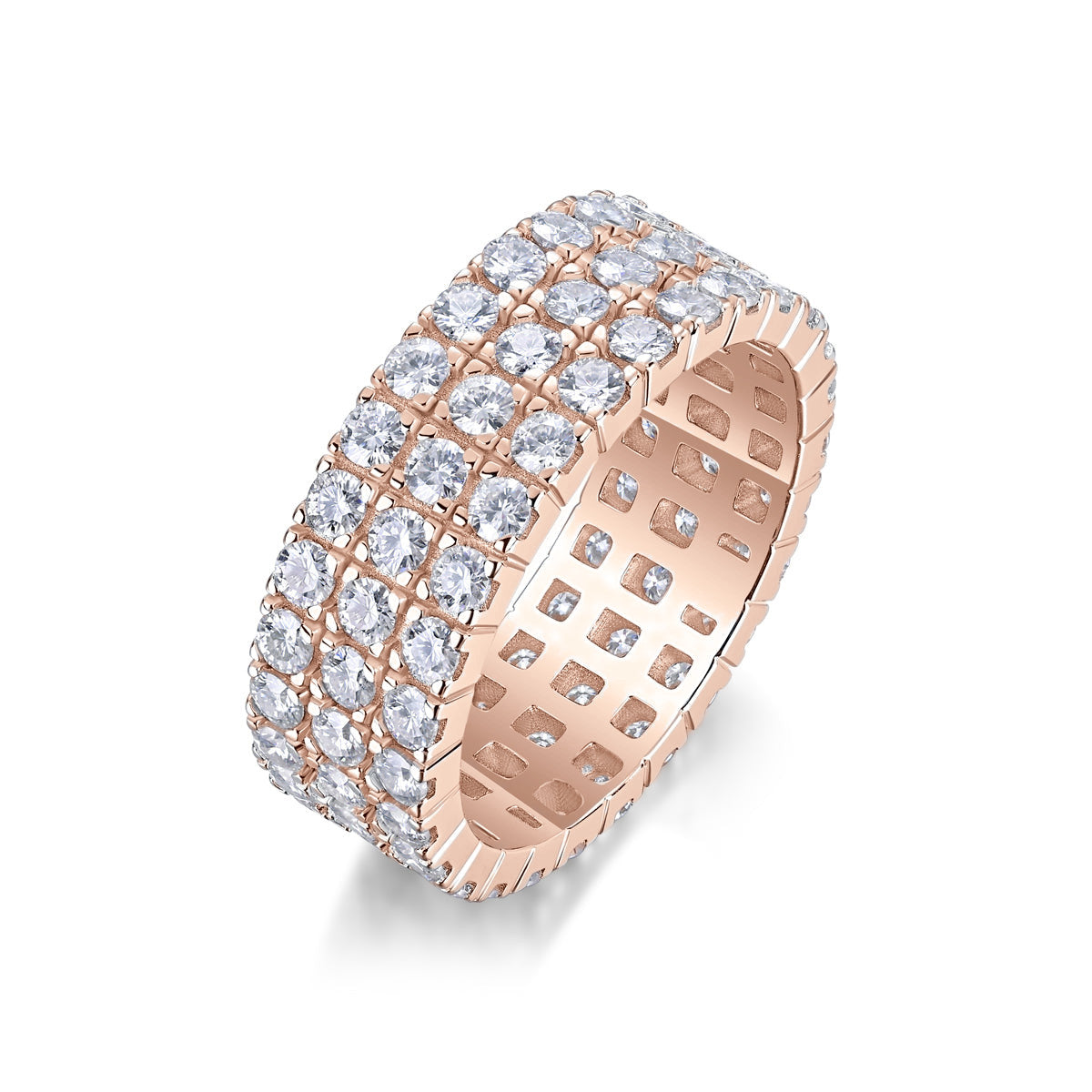 Paula Round Moissanite Three Row Eternity Band in 18K rose gold plating