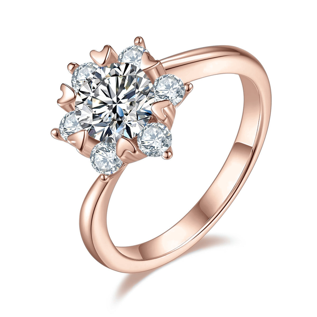 Penny Round Moissanite Snowflake Cluster Engagement Ring in 18K rose gold plating, angled view