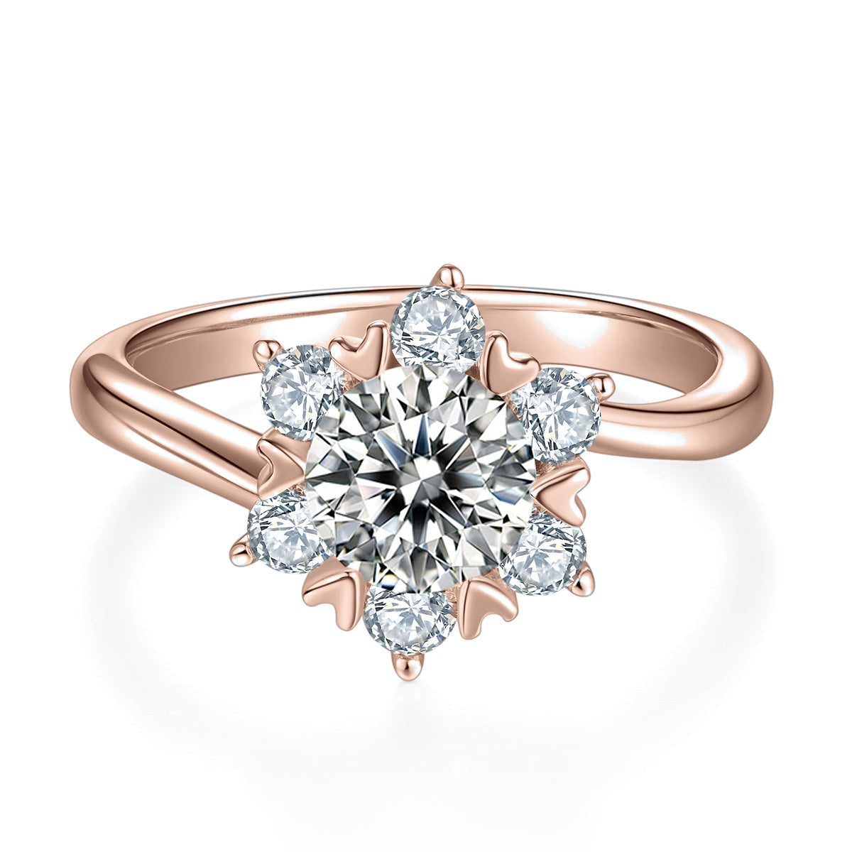 Penny Round Moissanite Snowflake Cluster Engagement Ring in 18K rose gold plating, front view