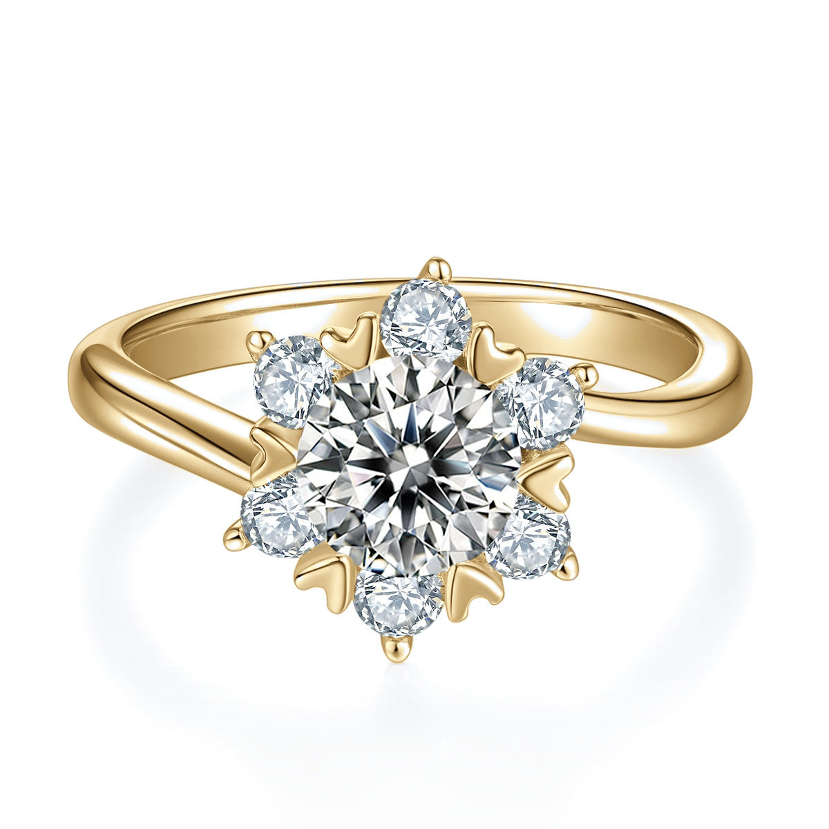 Penny Round Moissanite Snowflake Cluster Engagement Ring in 18K yellow gold plating, front view