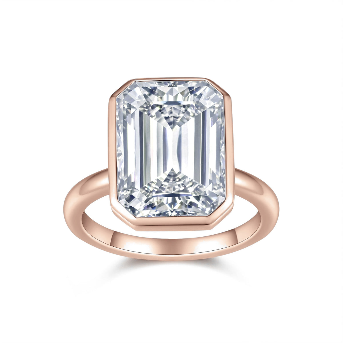 Petra Emerald Cut Moissanite Bezel Engagement Ring in 18K rose gold plating, front view