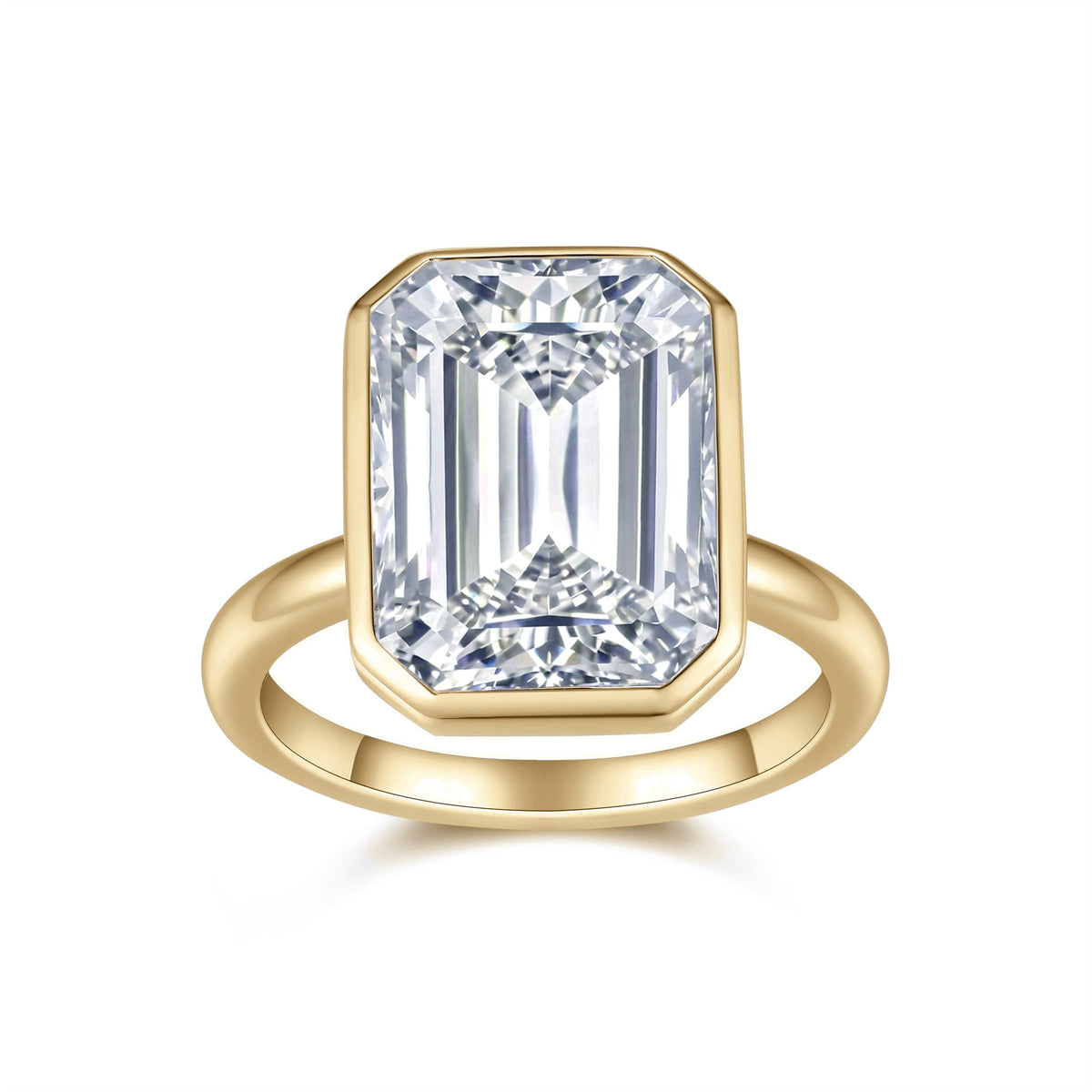 Petra Emerald Cut Moissanite Bezel Engagement Ring in 18K yellow gold plating, front view