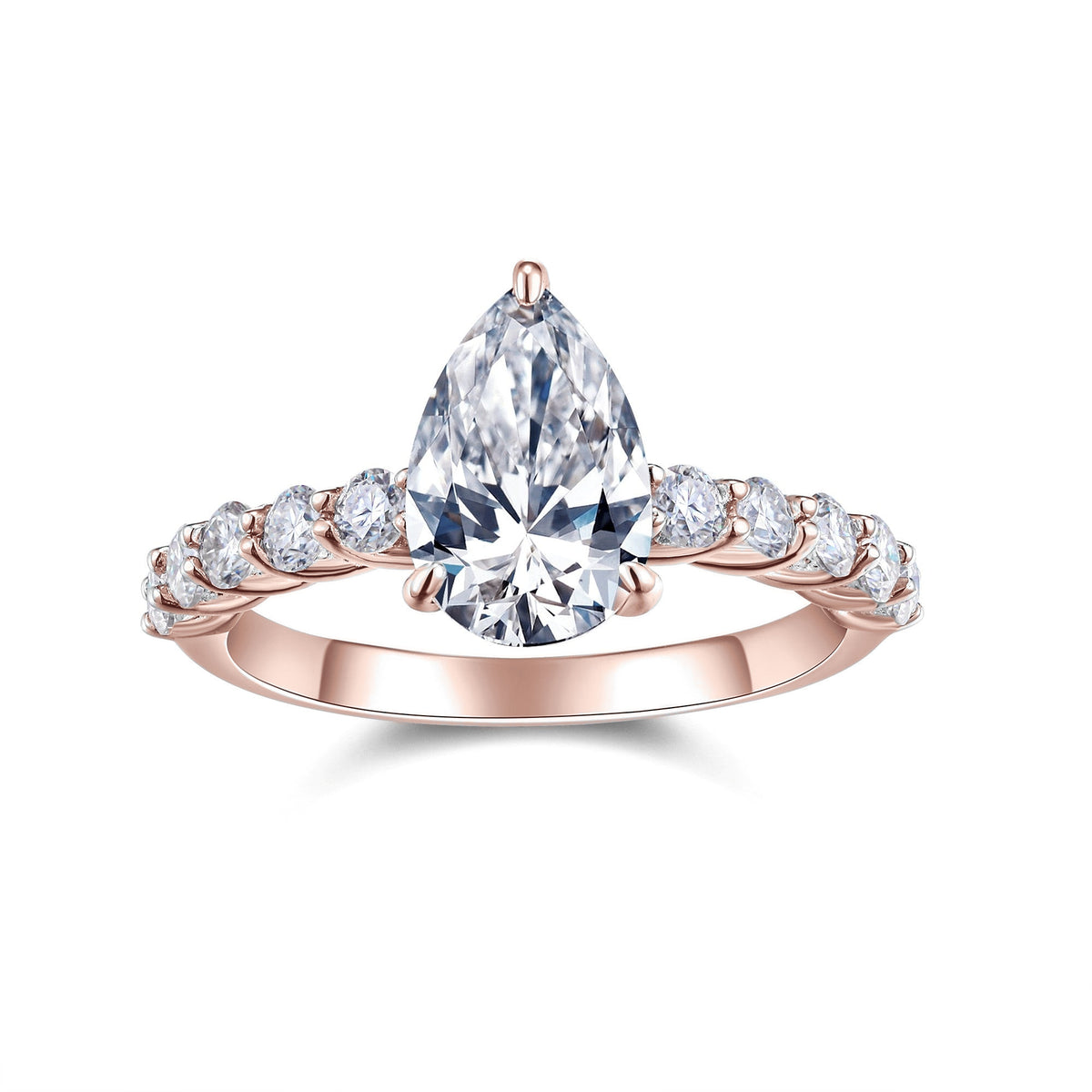 Piper Pear Moissanite Side Stone Engagement Ring in 18K rose gold plating, front view