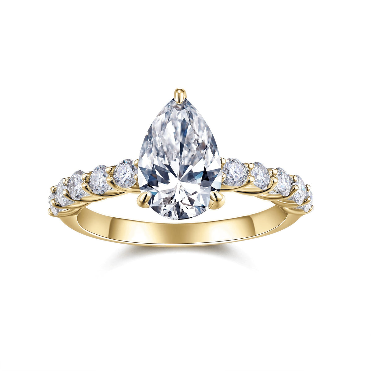 Piper Pear Moissanite Side Stone Engagement Ring in 18K yellow gold plating, front view