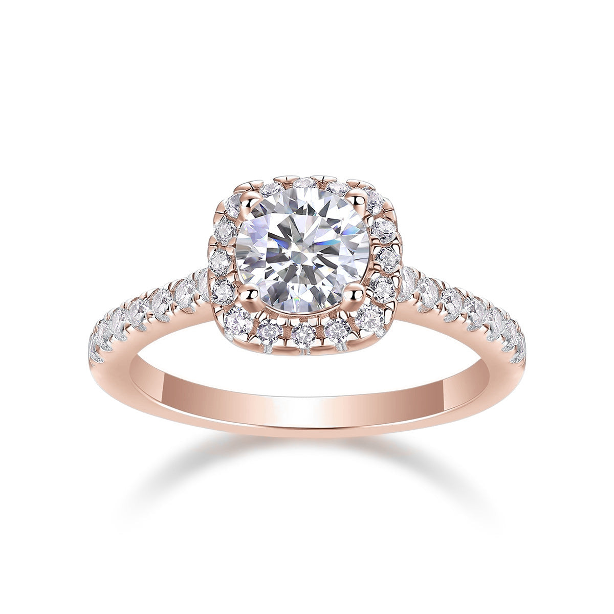 Poppy Round Moissanite Cushion Halo Engagement Ring in 18K rose gold plating, front view