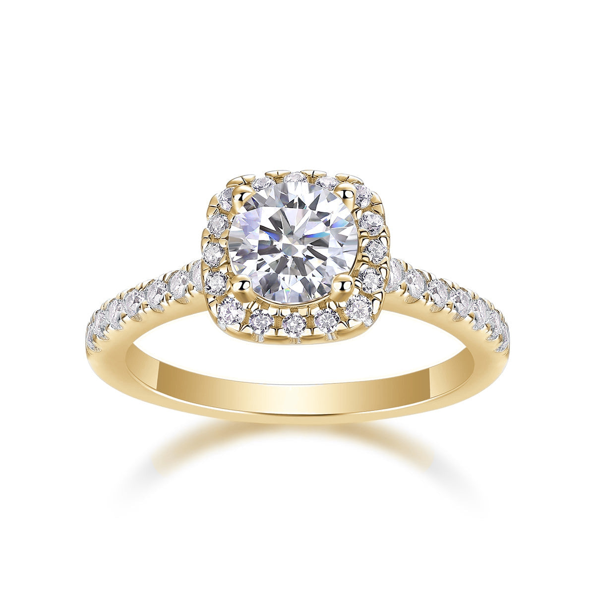 Poppy Round Moissanite Cushion Halo Engagement Ring in 18K yellow gold plating, front view