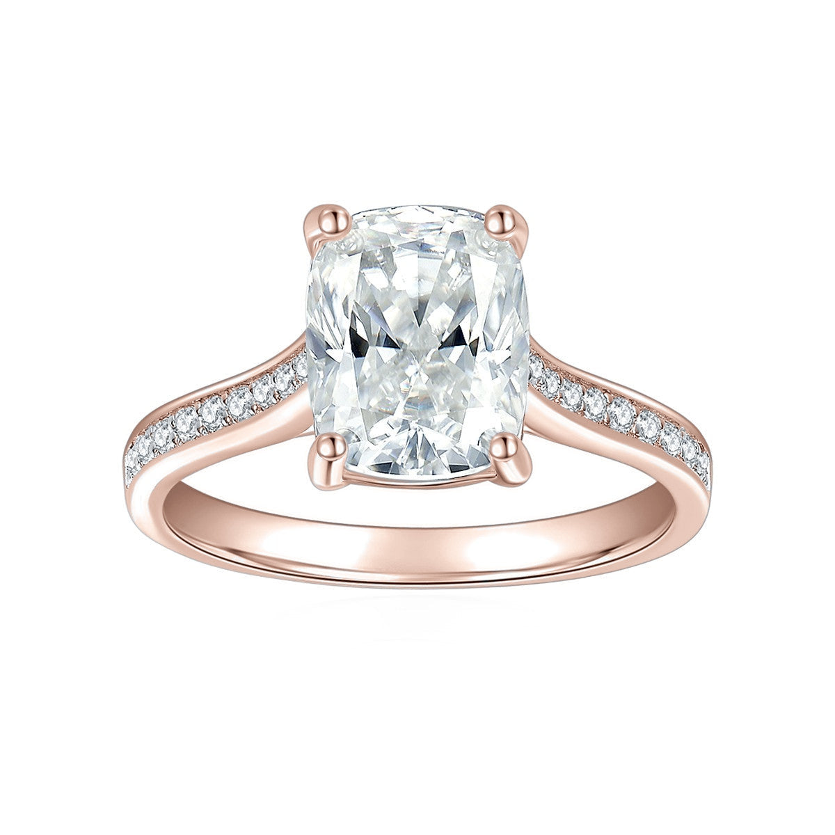 Portia Radiant Cut Moissanite Pavé Engagement Ring in 18K rose gold plating, front view