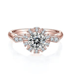 Posy Round Moissanite Petal Halo Engagement Ring in 18K rose gold plating, front view